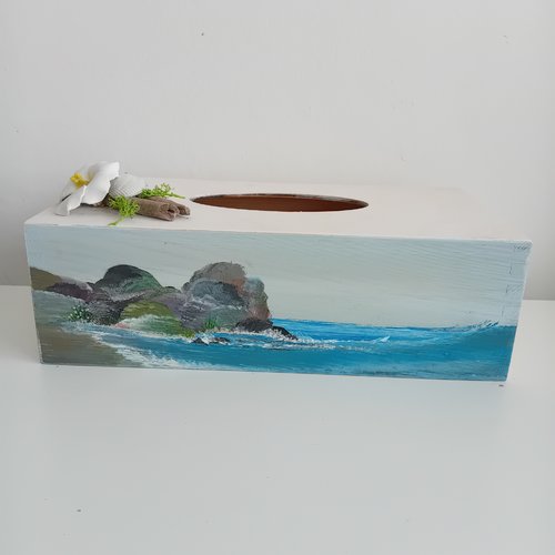Boîte à mouchoirs marin en bois peint avec motif bord de mer
