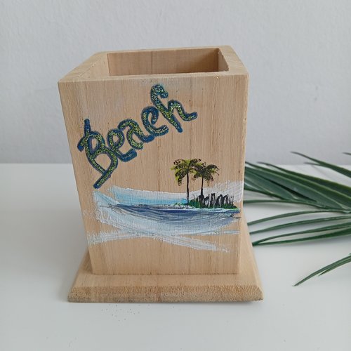 Pot à crayon en bois exotique  - motif palmiers peint "beach"