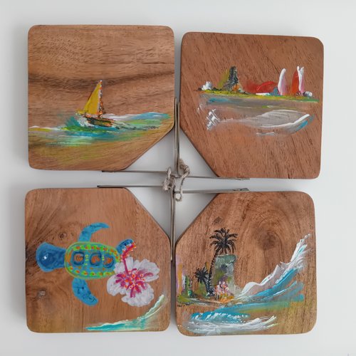 Lot de 4 dessous  de verre en bois avec motifs exotique peint (voilier, tortue, bord de mer)
