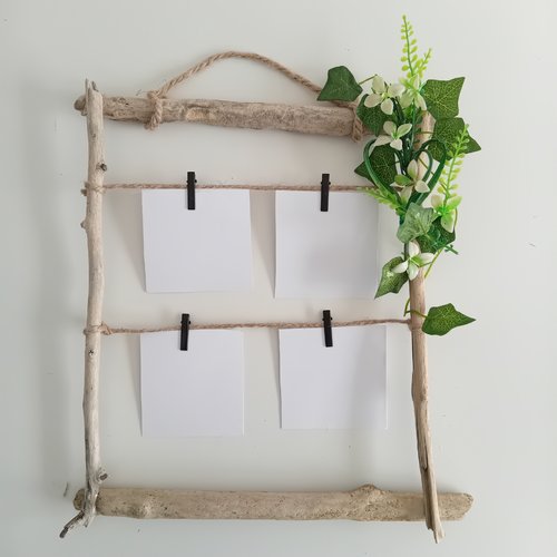 Pêle mêle / porte photos champêtre (feuilles de lierre) en bois flotté