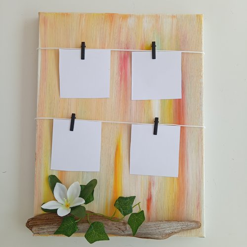 Pêle mêle/porte photos marin sur toile peint et décor floral (bois flotté/feuillage/fleur blanche)