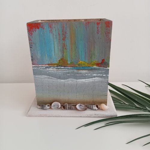 Pot à crayon marin  en bois - paysage marin peint avec coquillages