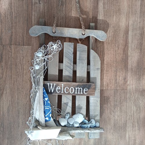 Grand panneaux marin en bois brut avec voilier en bois flotté/coquillages 'welcome" - hauteur 97