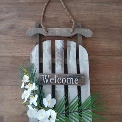 Grand panneau mural extérieur en bois blanchi " welcome " avec bouquet exotique - 82 cm de hauteur