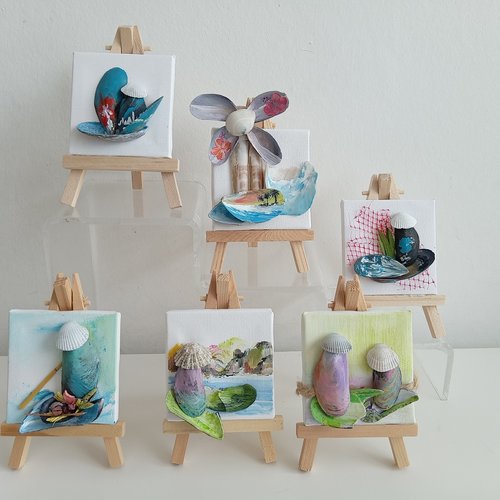 Lot de 6 mini toile exotique avec coquillages peint