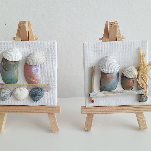 Lot de 2 mini toile exotique avec coquillages peint