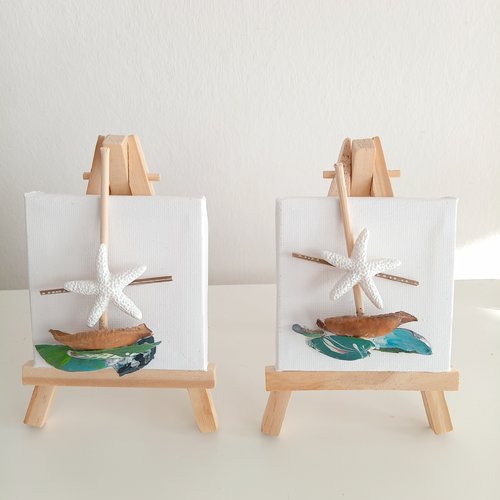 Lot de 2 mini toile tropical avec coquillages - motif voilier