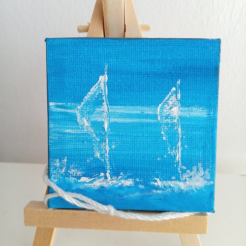 Mini toile  marin  avec  voilier peint  en bleu/blanc
