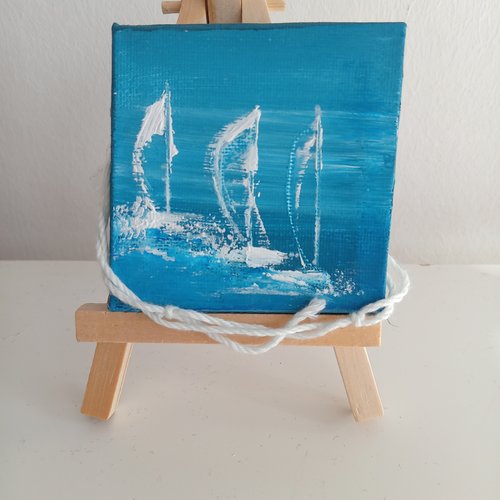 Mini toile  marin  avec  voilier peint  en bleu/blanc