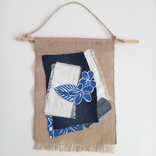 Suspension murale exotique avec toile de jute/jeans/tissu tropicale 51x26 cm