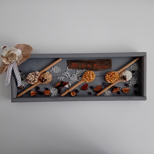 Décoration cusine  ile de la réunion :   cadre épices en bois  38x13 cm