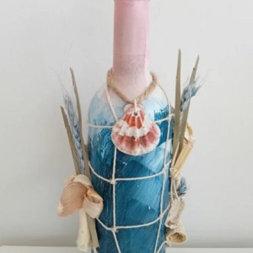 Bouteille décorative en verre marin de charme peint et décoré / coquillages