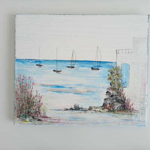Tableau  peint - motif bord de mer avec voiliers 30x25 cm