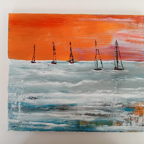 Tableau  peint - motif bord de mer avec voiliers 30x25 cm