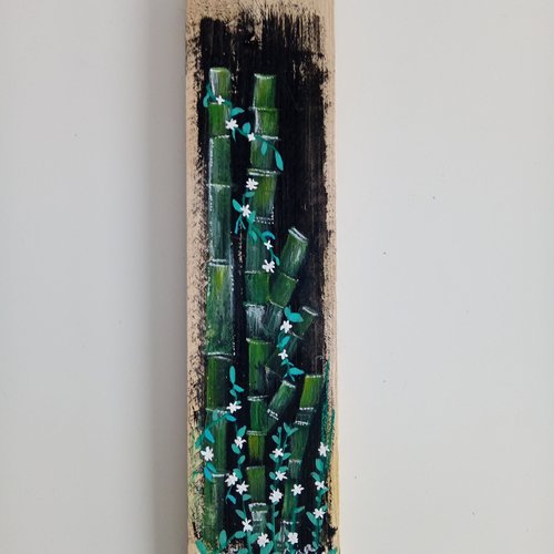 Porte clés / porte torchons mural en bois - motif bambou peint