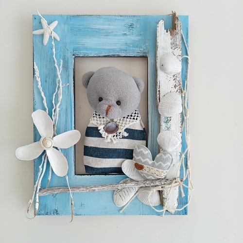 Cadre marin avec nounours en peluche  24x18 cm