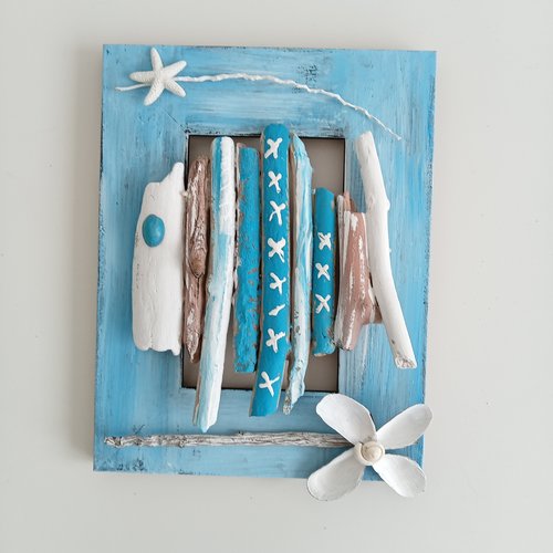 Cadre marin en bois avec poisson en bois flotté 24x18 cm