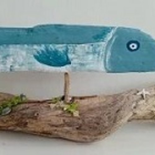 Sculpture marine à  poser : grand poisson en bois flotté peint  - long de 55 cm