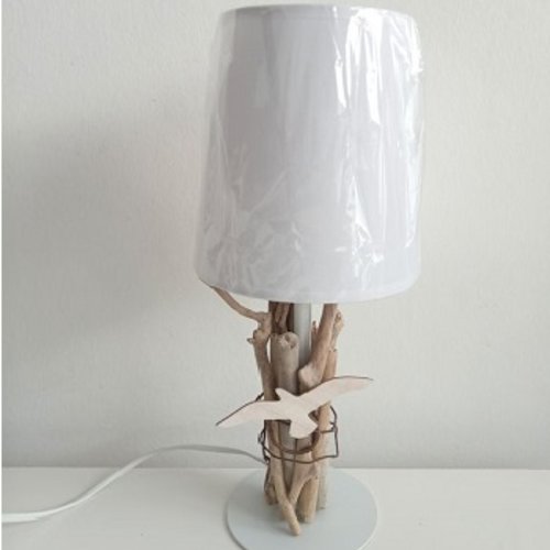 Lampe marine en acier/bois flotté /mouette en bois - hauteur 36 cm