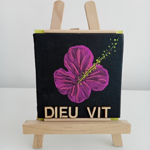 Décoration chrétienne à poser : mini toile chrétienne peint (motif hibiscus) avec insciption  "dieu vit"