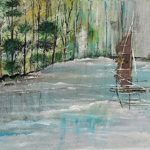 Tableau marin : paysage bord de mer avec voiliers 50x40 cm