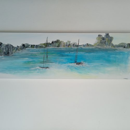 Grande toile panoramique marine peint - bord de mer- the blue" 120x40 cm