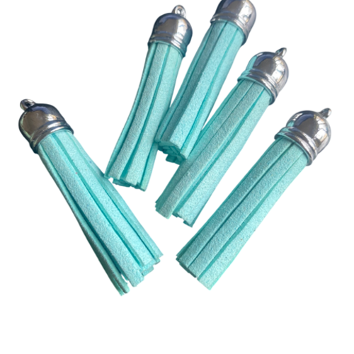 3 pompons en suédine bleu / vert clair, 6 cm, calotte argentée