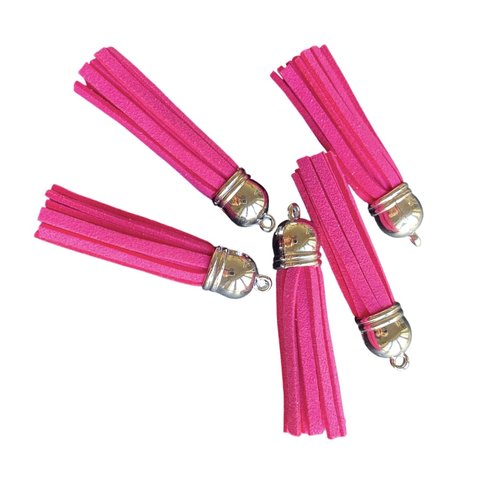 3 pompons en suédine fuschia, 6 cm, calotte argentée