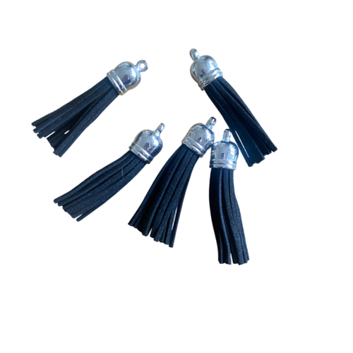 3 pompons noirs en suédine, 6 cm, calotte argentée