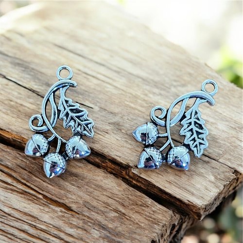 Lot de 2 breloques glands & feuilles – argent vieilli