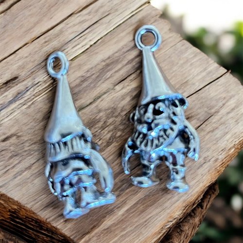 Lot de 2 breloques gnome / nain de jardin / gobelin – argent – 3d