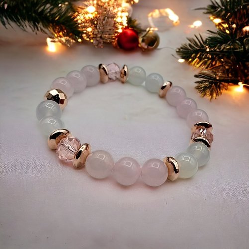 Bracelet femme - quartz rose - agate blanche - pierres naturelles - fait main