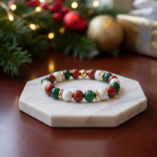 Bracelet jaspe rouge, howlite & agate mousse – édition noël
