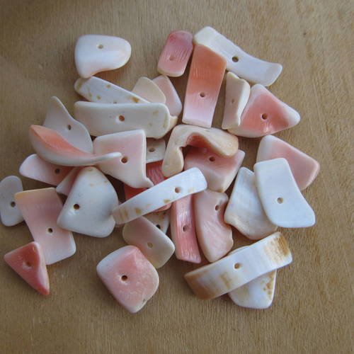 20 g de perles chips en coquillage, aux teintes naturelles de blanc et de rose saumon. 