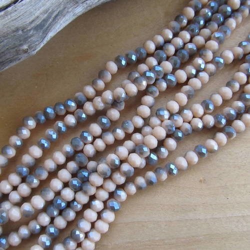 Lot de 50 perles forme boulier, en verre facetté imitation jade, de 6 x 4.5 mm demi-plaqué couleur : beige/gris acier. 