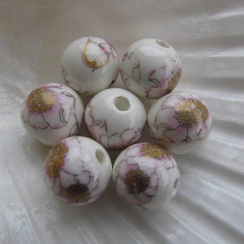 Lot de 10 perles rondes de style japonais, de 12 mm de diamètre en porcelaine, motif floral : rose/blanc. 
