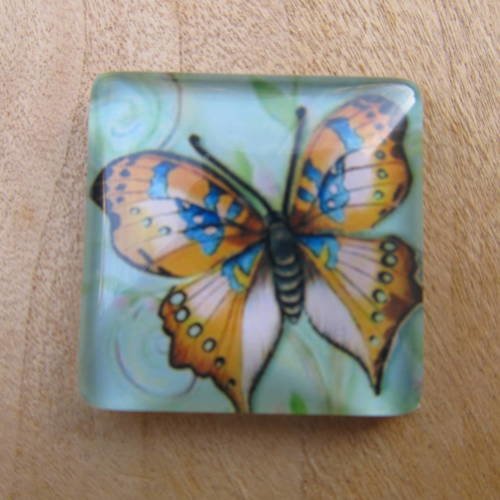 Cabochon en verre de forme carrée de 25 x 25 mm avec image de fond décor: papillon.
