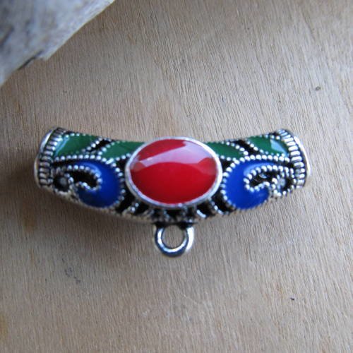 Bélière tube 30 x 14 mm en métal argent vieilli, émaillé de couleur: bleu/rouge/vert. 