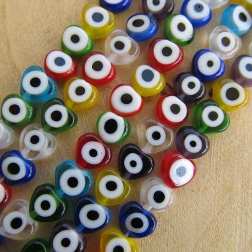 Lot de 10 perles artisanales millefiori, plates, forme coeur de 8x8x3 mm en verre  multicolore. 