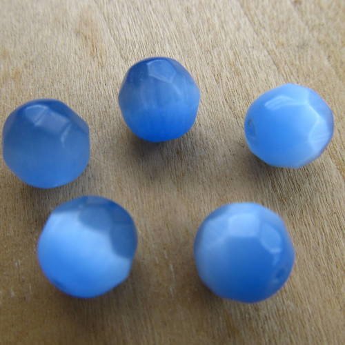 Lot de 5 perles de 10 mm en verre à facettes, imitation œil de chat de couleur: bleu ciel.