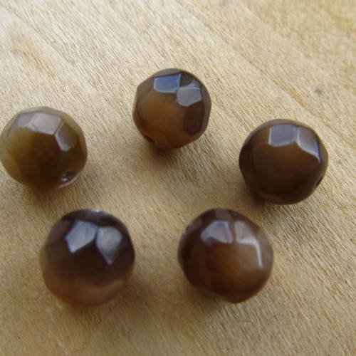 Lot de 5 perles de 10 mm en verre à facettes, imitation œil de chat de couleur: café. 