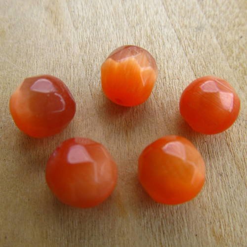 Lot de 5 perles de 10 mm en verre à facettes, imitation œil de chat de couleur: roux. 