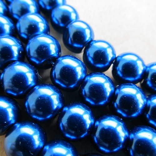 Lot de 10 perles de 8 mm de diamètre, en verre nacré de couleur: bleu de prusse. 