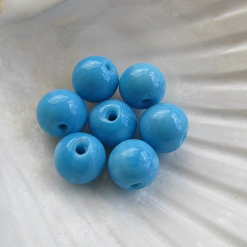 *lot de 4 perles artisanales en verre au chalumeau, de 10 mm de diamètre, de couleur: bleu turquoise.