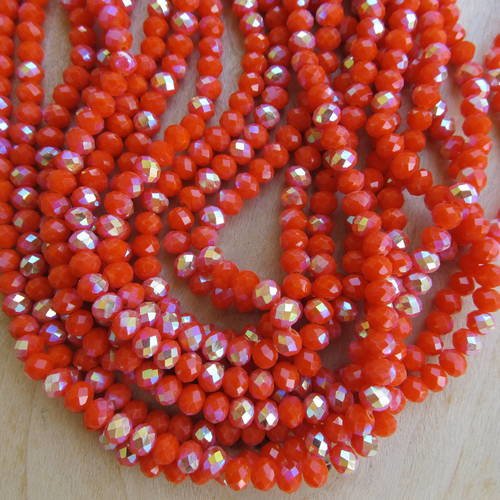 Lot de 50 perles forme boulier en verre à facettes de 6 x 4 mm de couleur: rouge géranium. 