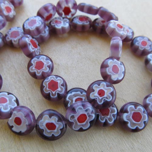 *lot de 10 perles artisanales millefiori, rondes plates de 10x4mm en verre  multicolores.