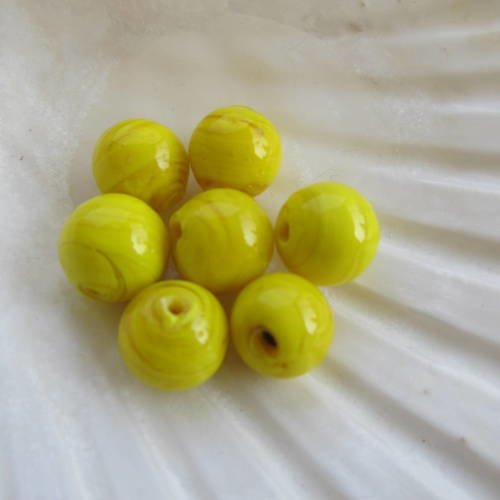 *lot de 4 perles artisanales en verre au chalumeau, de 10mm de diamètre, de couleur: jaune citron.