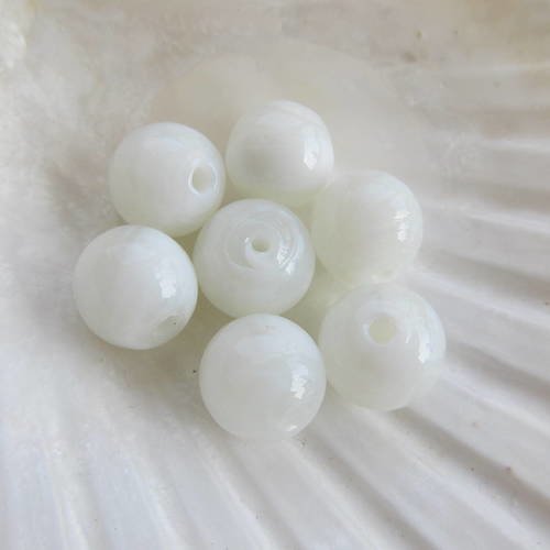 Lot de 5 perles en verre au chalumeau, de 12 mm de diamètre, de couleur: opaline/blanc.