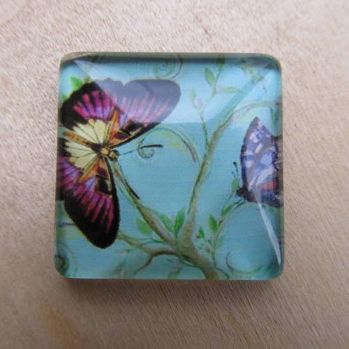 Cabochon en verre de forme carrée de 25 x 25 mm avec image de fond décor: papillon.