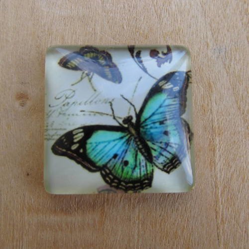 Cabochon en verre de forme carrée de 25 x 25 mm avec image de fond décor: papillon.